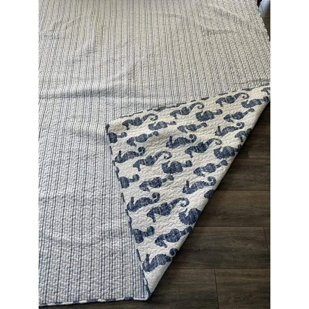 Seahorse Comforter Reversible Quilt Blue Size Full Nautical Coastal Cottage